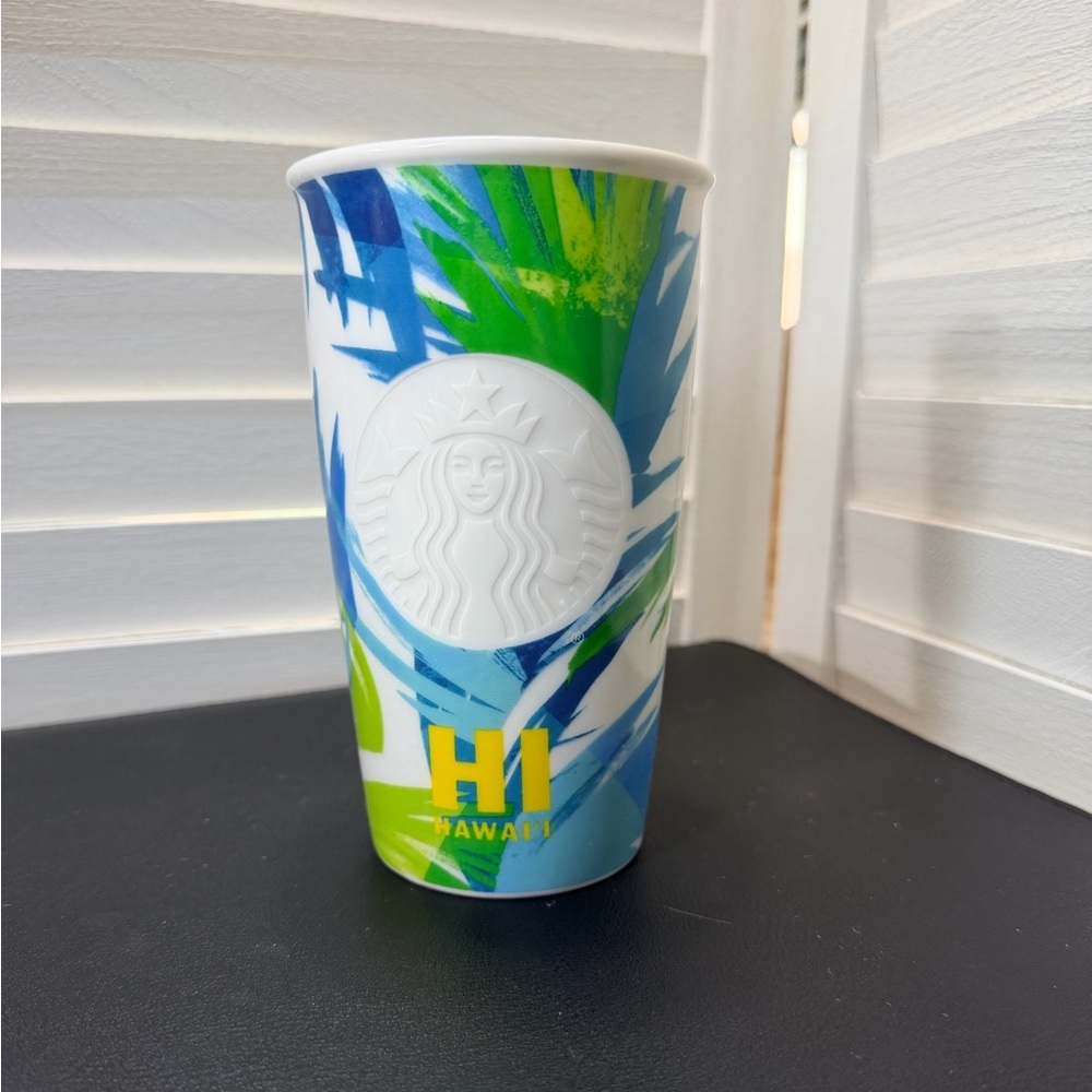 Starbucks Hawaii Travel Ceramic Tumbler with Blue and Green Leaf Pattern